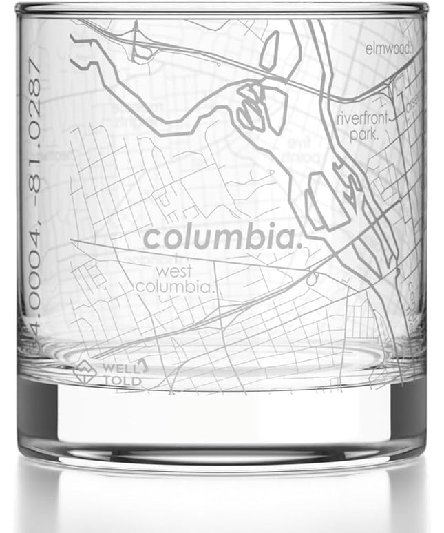 Well Told Engraved Columbia South Carolina Map Rocks Glass, Old Fashioned Glassware (11 oz, Clear) Etched Bourbon Tumbler, Gifts For Whiskey Lovers