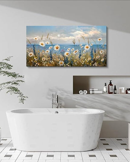 Wapluam Blue Ocean Canvas Wall Art for Living Room Wall Decor For Bedroom Bathroom Decoration Natural Seascape Painting Modern Office Wildflowers Artwork Large Pictures Home Decor Ready To Hang