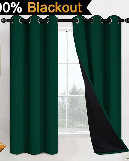 Yakamok 100% Blackout Thermal Insulated Curtains,Room Darkenning Curtains Soundproof Window Treatment Drapes for Living Room(42Wx63L,Dark Green, 2 Panels)