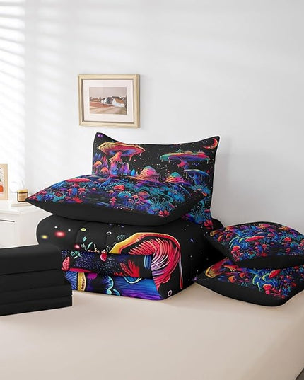 Feelyou Purple Mushroom Comforter Set with Sheets Gradient Mushroom 7 Piece Bedding Set for Kids Boys Girls Botanical Plant Quilt Set Galaxy Star Bed Set King Size