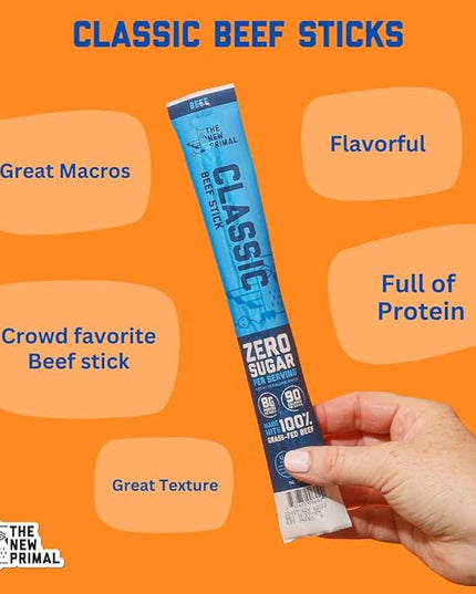 The New Primal Grass Fed Beef Sticks, Keto, Gluten Free Healthy Snacks for Adults, Sugar Free Low Carb High Protein Snack, Paleo Whole30 Jerky Meat Stick, 8g Protein, 90 Calories, 20 Pack