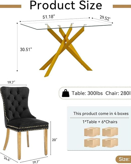 51" Glass Dining Table Set for 6, Modern Dining Room Table Set for 6, Gold X-Shape Pedestal Glass Table with 6pcs Black Dining Chairs, 7 Piece Dining Set for Dining Living Room