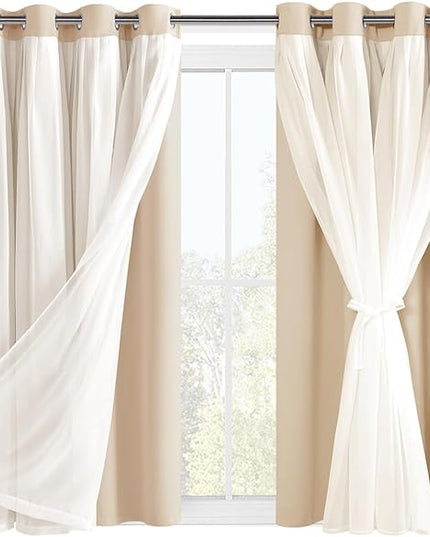 Hiasan Blackout Curtains with Sheer Overlay, Grommet Thermal Insulated Privacy Mix and Match Double Layer Window Curtains for Girls Bedroom, Living Room, 2 Drape Panels with Tiebacks, Beige, 52W X 54L
