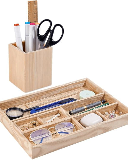 PH PandaHall 2pcs Wooden Desk Organizer Tray with Pen Holder Table Storage Box Drawer Organizer Tray Keys Watch Pencil Divided Trays for Home Office School Workspace Organization Desktop Accessories