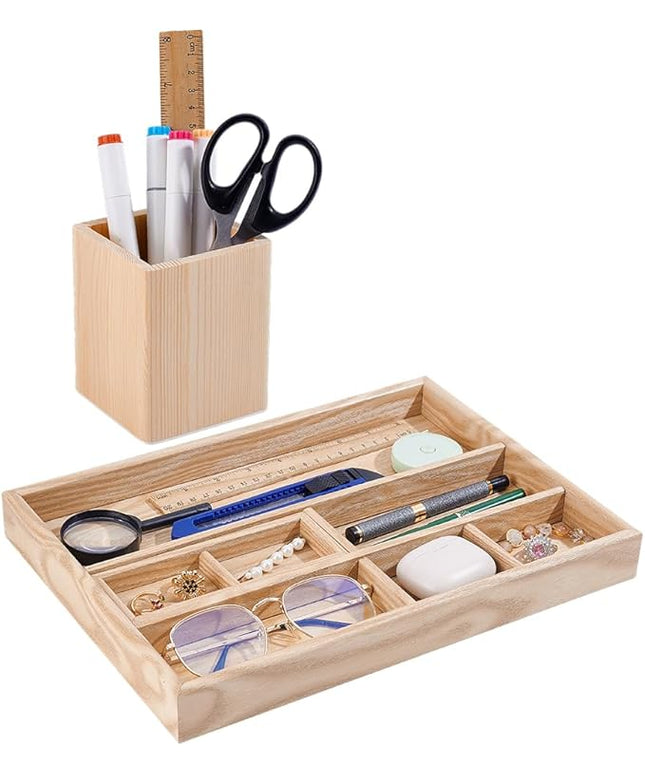 PH PandaHall 2pcs Wooden Desk Organizer Tray with Pen Holder Table Storage Box Drawer Organizer Tray Keys Watch Pencil Divided Trays for Home Office School Workspace Organization Desktop Accessories
