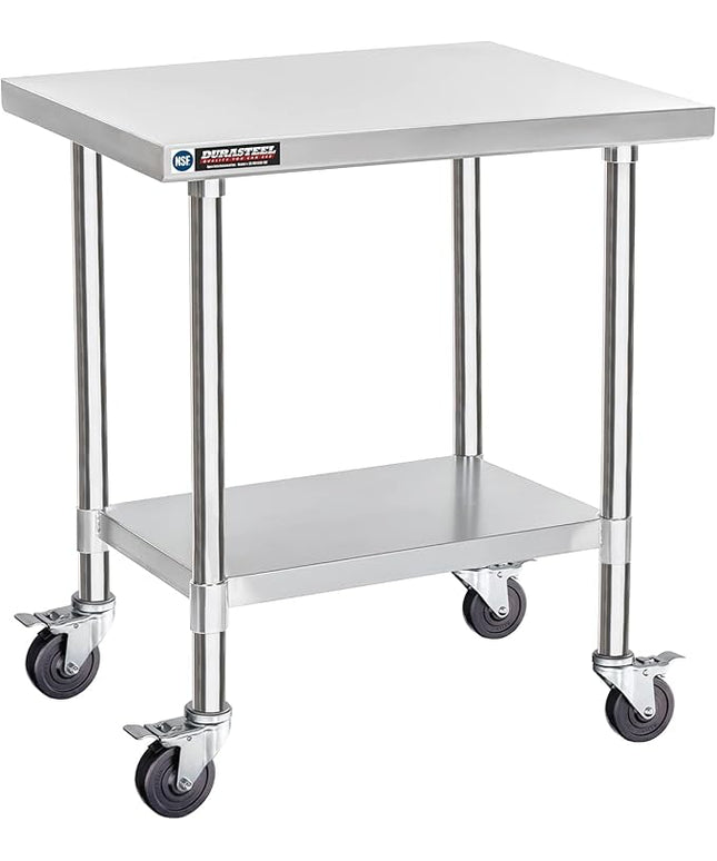 DuraSteel 24x30 NSF Stainless Steel Cart Work Table - Heavy Duty Rolling Food Prep Table Countertop Island - Metal Utility Cart on Wheels Caster, Grill Stand Storage Outdoor Kitchen Tables Bar Top