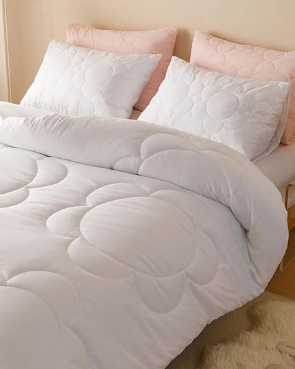 CLOTHKNOW White Comforter Set Twin/Twin XL Daisy Puff Bedding Comforter Sets Soft Boho Comforter White Comforters with 2 x Pillow Cases