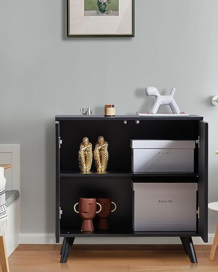 Modern Sideboard Buffet Cabinet Console Table, Accent Storage Cabinet with Fluted Doors for Kitchen Dining Living Room Entryway (Black)
