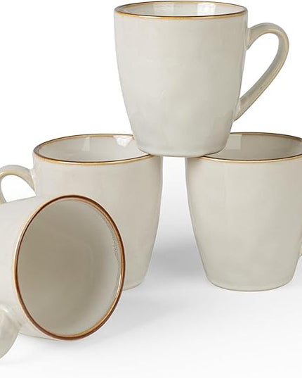 famiware Coffee Mugs Set of 4, Ocean Round 11.5oz Coffee Cup Set with Handle for Cocoa, Milk, Hot Chocolate, Tea or Water, Stoneware Cups for Kitchen, Microwave Dishwasher Safe, Cappuccino White