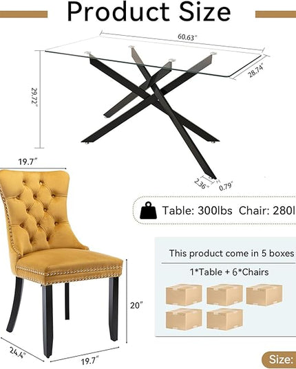 Modern 7-Piece Glass Dining Table Set for 6, Modern 60" Rectangle Black Glass Dining Room Table Set with Yellow Velvet Tufted Chairs Wood Legs for Kitchen Dining Room