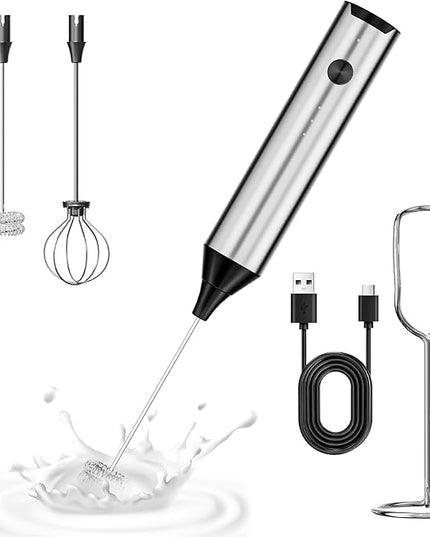 Kitchen Milk Frother Handheld with Stand, 3 Speeds Adjustable Mixer Electric Handheld Frother Wand, Hand Mixer Matcha Whisk Coffee Stirrers for Matcha, Hot Chocolate, Egg - Stainless Steel
