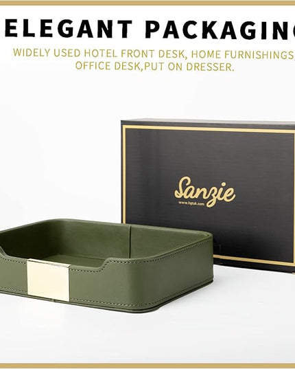 SANZIE Luxury Leather Tray Desktop Storage Catchall Organizer Decorative Tray for Entryway Table to Hold Jewelry Watch Keys Phone Wallet (Metal Glided, Dusty Green)