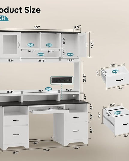 Bestier 77.8" H Executive Desk with Hutch, Modern Wood Computer Desk with Drawers, Charging Station, LED Light, Fluted Storage Cabinet, Keyboard Tray, 59" W Office Desk for Home Office, White
