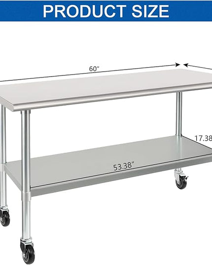 HARDURA Stainless Steel Table with Wheels 24 x 60 Inches Casters NSF Heavy Duty Commercial Work & Prep Table with Undershelf and Galvanized Legs for Restaurant Kitchen Bar and Hotel Garage