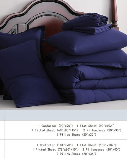 NTBAY King Comforter Set with Sheets, 7 Pieces Soft and Breathable King Bedding Set, Bed in a Bag, Down Alternative Comforter Set Solid Color All Season, Navy Blue