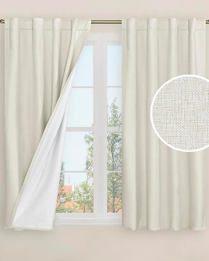 LAMIT Natural 100% Blackout Linen Curtains, 45 Inches Linen Textured Thermal Bedroom Curtains Back Tab and Rod Pocket Neutral Panels with White Liner for Farmhouse, 2 Panels, 38 x 45 Inch, Ivory