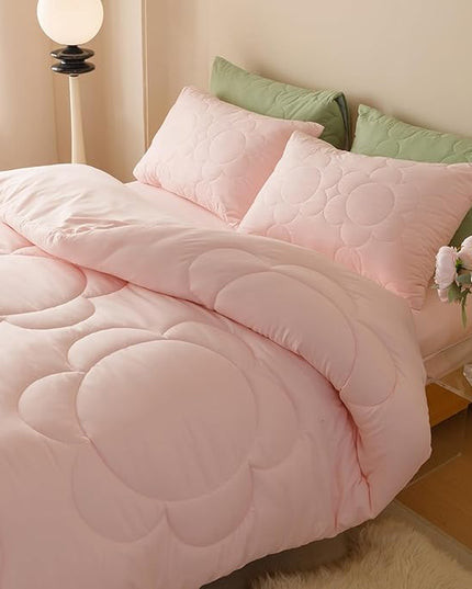 CLOTHKNOW Pink Queen Comforter Set 3Pcs Daisy Puff Bedding Comforter Sets Soft Floral Queen Comforter Pink Comforter with 2 x Pillow Cases