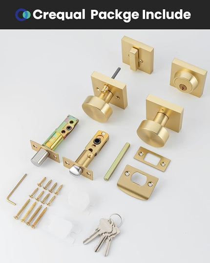 Brushed Gold Door Knobs with Deadbolt, Heavy Duty Front Door Knob and Deadbolt Set, Exterior Door Knob with Single Cylinder Deadbolt Lock Set (1 Pack)