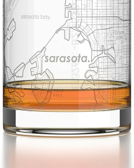 Well Told Engraved Sarasota Florida Map Rocks Glass, Old Fashioned Glassware (11 oz, Clear) Etched Bourbon Tumbler, Gifts For Whiskey Lovers