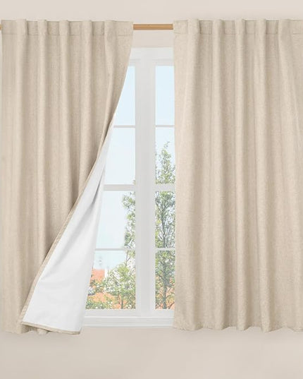 LAMIT Natural 100% Blackout Linen Curtains, 45 Inches Linen Textured Thermal Bedroom Curtains Back Tab and Rod Pocket Neutral Panels with White Liner for Farmhouse, 2 Panels, 42 x 45 Inch, Linen
