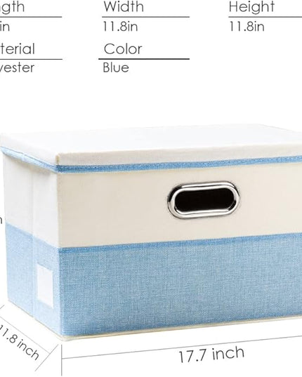 PRANDOM Large Foldable Storage Boxes with Lids [3-Pack] Fabric Collapsible Storage Bins Organizer Containers Baskets Cube with Cover for Home Bedroom Closet Office Nursery Blue&Cream(17.7x11.8x11.8)