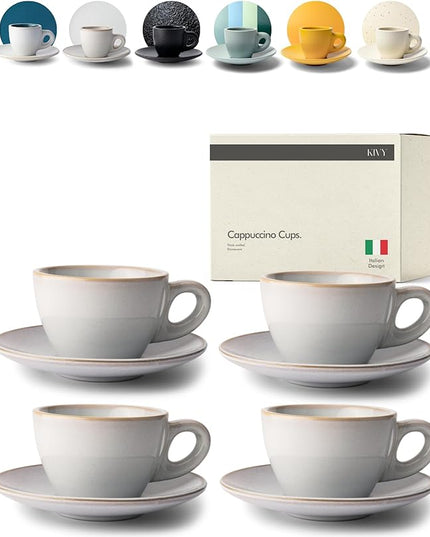 KIVY Cappuccino cups set [4x 8oz] - Thick-walled stoneware cappuccino cup set for latte art - Cappuccino coffee cups - Tazas de cafe - Latte cups - Ceramic latte art cup and saucer set of 4 - Grey