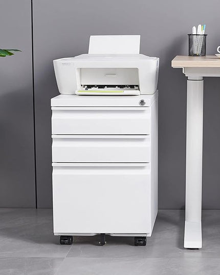 3-Drawer Lockable Mobile File Cabinet – Metal A4/Letter/Legal Size Storage for Home/Office, Pre-Assembled, Space-Saving Under-Desk Cabinet with Wheels (White)