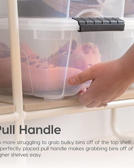 IRIS USA 32 Qt Stackable Plastic Storage Bins with Lids, 4 Pack - BPA-Free, Made in USA - See-Through Organizing Solution, Latches, Durable Nestable Containers, Secure Pull Handle - Clear