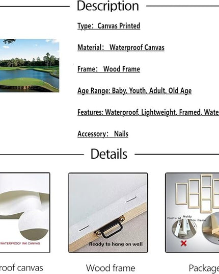 chenchenArt USA Golf Course Wall Art TPC Sawgrass Golf Course Pictures Canvas Prints Golf Wall Decor for Living Room Bedroom Bathroom Home Decorations Framed Ready to Hang(28''H x 44''W)