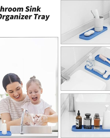 Silicone Kitchen Sink Organizer Tray for Multiple Usage,Eco-Friendly Sponges Holder for Kitchen Bathroom Counter or Sink,Dish Soap Dispenser,Scrubber,Bottle,Cup (Lichen Blue, 12"×4")