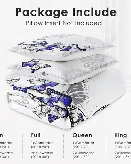Full Size Comforter Set with 2 Pillowcases, Summer Spring Purple Butterfly 3 Pcs Bedding for Kids and Adults, Abstract Circular Mandala Floral Soft Comforter Set for Bedroom Bed Decor