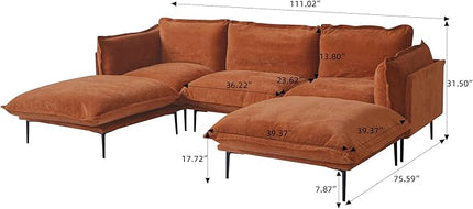 WJShome Velvet Modular Sectional Sofa with Chaise,111" Modern U-Shaped Couch for Living Room, 3-Seater Sofa with 2 Ottomans with Removable Cushions and 8" High Metal Legs, Easy to Clean, Terracotta