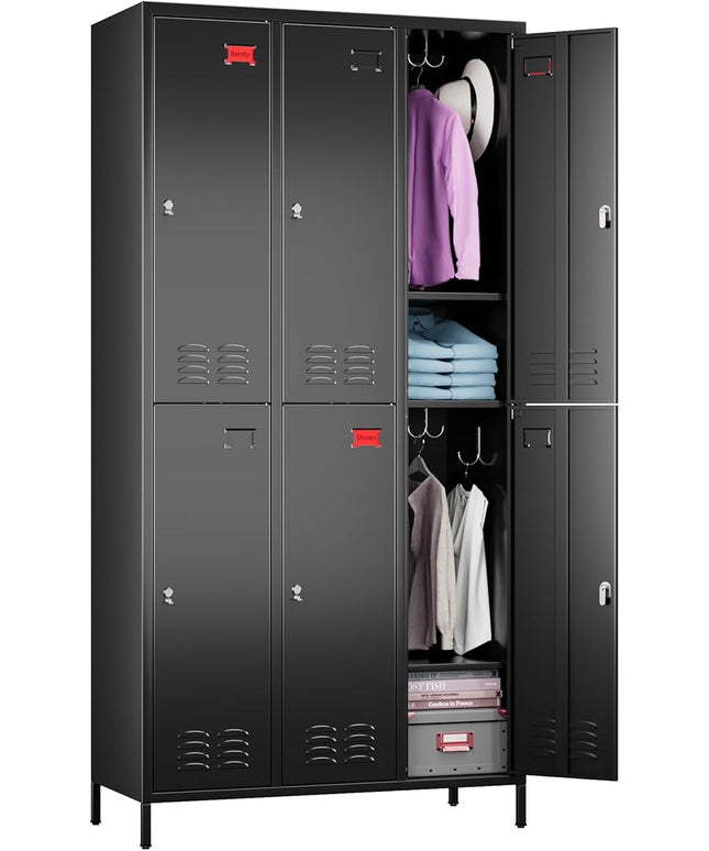 Aobabo Upgraded Metal Storage Locker for Employees, 6 Doors Metal Lockers Cabinet with Lock and Name Card Slot, Industrial Storage with 18 Hooks, for Office Gym, Assembly Required, Black