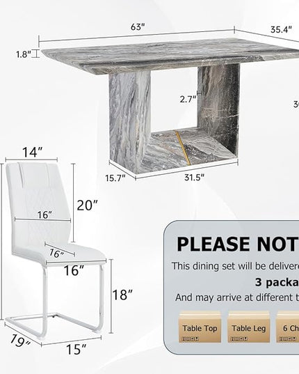 Dinner Table Set for 4, 5 Piece Dining Table Set with Chairs, 63" Faux Marble Modern Table with 4 PU Leather Upholstered Chairs, for Kitchen & Dining Room