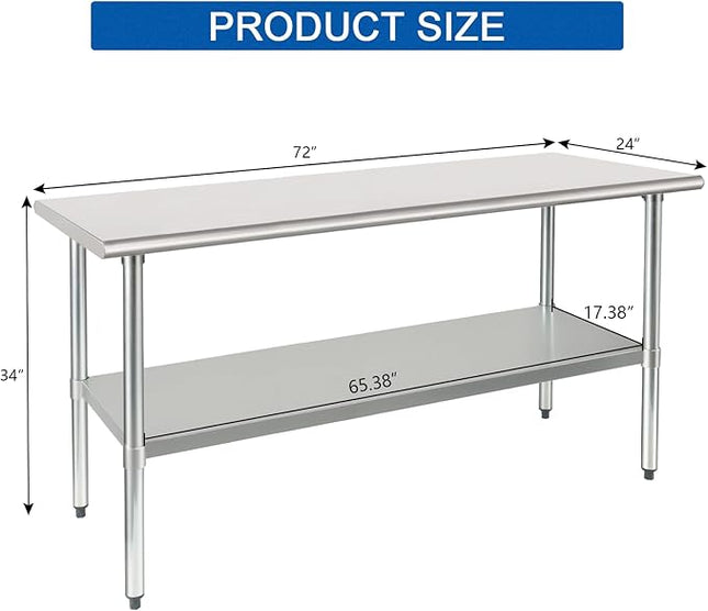 HARDURA Stainless Steel Table 24X72 Inches with Undershelf and Galvanized Legs NSF Heavy Duty Commercial Prep Work Table for Restaurant Kitchen Home and Hotel