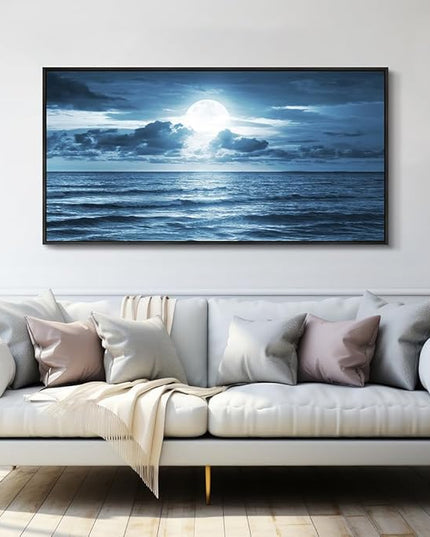 Black Framed Wall Art For Living Room Decorations Photo Prints - Blue Sea View The Moon Landscape - Modern Home Decor The Room Stretched And Framed Ready To Hang Artwork (Blue Ocean&Moon, 24x 48inch)