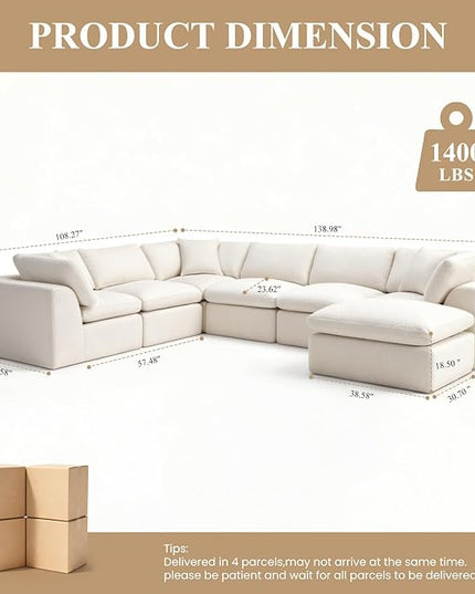Sectional Couches for Living Room, 139 Inch Oversized Boneless Couch Modern Modular Couch 7 Seater Chenille Corner Sofa with Moveable Ottoman and 3 Throw Pillows, Beige