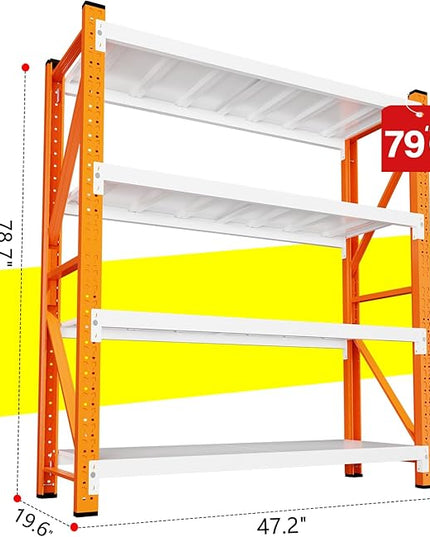 79" H Garage Shelving,3500LBS Heavy Duty Storage Rack,4 Tiers Metal Storage Rack Shelf, Adjustable Shelving Unit for Garage,Kitchen,Warehouse,Basement,78.7" H x 47.2" W x 19.6" D,Orange&White