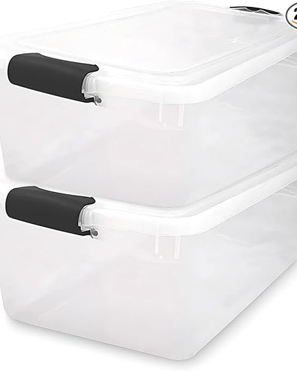 HOMZ 2-Pack Secure Latch, Clear Plastic Storage Organizer Bins, 64 Quart, Gray Latches - Stackable Container Boxes for Bedroom, Bathroom, Garage, and Office Organization