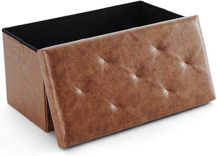 Sweetcrispy 30 Inches Folding Ottoman with Storage Bench, Foot Rest Stool, End of Bed Storage Bench Upholstered, Load 660 lbs, for Living Room, Synthetic Leather, Brown