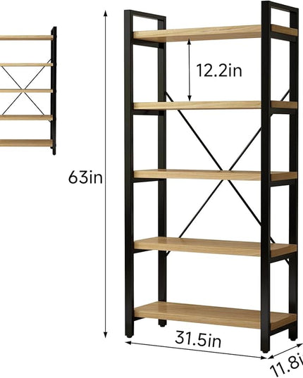 Real Solid Wood Bookshelf Shelves Rustic Vintage Industrial Etagere Bookshelf, Metal & Timber Free Vintage Bookcase, (Genuine Timber) (5-Tiers-Real Wood)