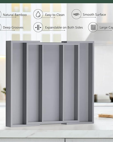 Large Kitchen Utensil Drawer Organizer - Expandable 5 Slots Cooking Utensil Organizer Multipurpose Silverware Organizer for Storage Repair Tools, Painting Tools W13.7"-19.9" x L17.6" X H2.5" (Grey)