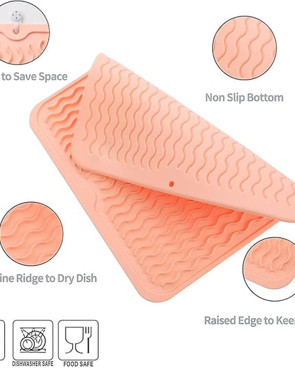 Silicone Dish Drying Mat for Multiple Usage,Easy clean,Eco-friendly,Heat-resistant Silicone Mat for Kitchen Counter or Sink,Refrigerator or Drawer liner Pink M 12 inches x 12 inches