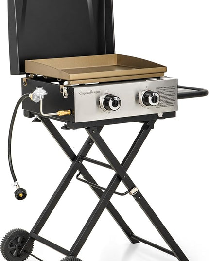 Captiva Designs 17 Inch 2 Burner Portable Propane Gas Griddle Grill with Lid, Outdoor Foldable Flat Top Grill with Stand for Barbecue, Camping and Tailgating