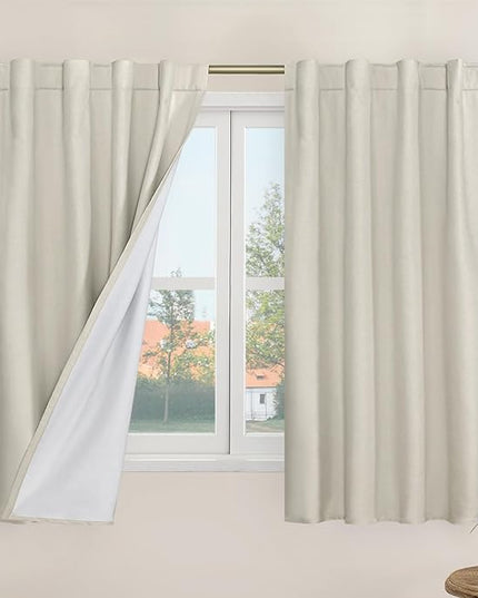 LAMIT Short Linen Blackout Curtains 48 Inch Length 2 Panels, 100% Blackout Linen Textured Thermal Curtains Back Tab and Rod Pocket Bedroom Panels with White Liner for Bathroom, 34 x 48 Inch, Stone