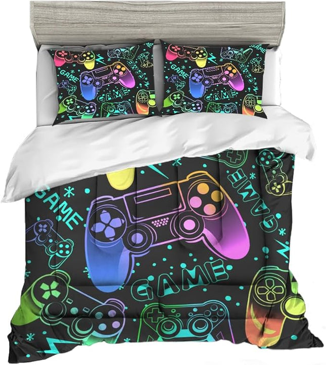 Sunnycitron Colorful Gamepad Gamer Comforter Set for Boys Gaming Bedding Set Teens Game Room Decor Queen (1 Comforter + 2 Pillowcase)