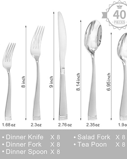 KINGSTONE Silverware Set, 40-Piece Flatware Set for 8, 18/10 Stainless Steel Cutlery Set with Bead Edge, Utensil for Kitchen, Home, Party, Wedding, Mirror Polished, Dishwasher Safe, Featured Gifts