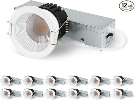 2 Inch 5CCT Anti-Glare LED Downlight with Jbox, IP65 Waterproof, 2700K-5000K Selectable, 8W 840LM CRI90+, Dimmable Canless Recessed Lights, ETL & FCC & Energy Star Rated（White, 12 Pack）