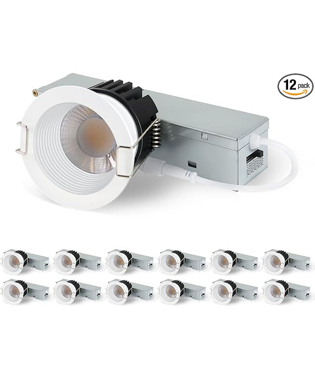 2 Inch 5CCT Anti-Glare LED Downlight with Jbox, IP65 Waterproof, 2700K-5000K Selectable, 8W 840LM CRI90+, Dimmable Canless Recessed Lights, ETL & FCC & Energy Star Rated（White, 12 Pack）