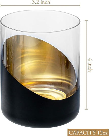 MyGift 12 oz Modern Cocktail Glasses with Slanted Matte Black and Gold Tone Plated Design, Angled Dipped Design Double Old Fashioned Lowball Whiskey Rocks Drinking Glass, Set of 6